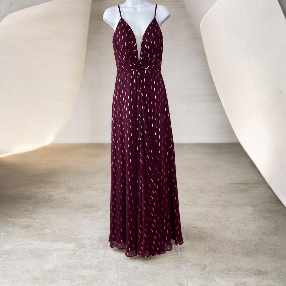 Betsy & Adam Formal Prom Dress Maxi Burgundy Metallic Foil Gown High-Slit V-Neck